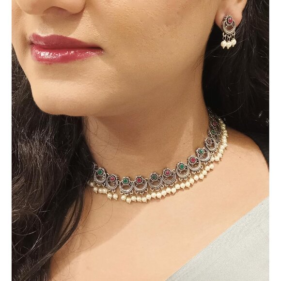 Oxidized Floral Choker Necklace & Earrings Set - Bohemian Statement Jewelry - Picture 3 of 5